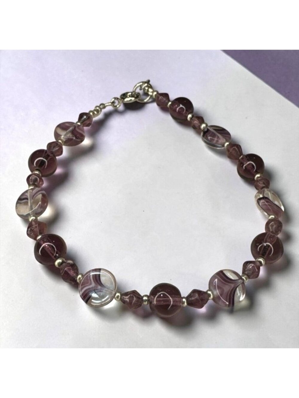 Purple Glass Bead Bracelet With Silver Accents & Lobster Clasp - 7 Inch Handmade